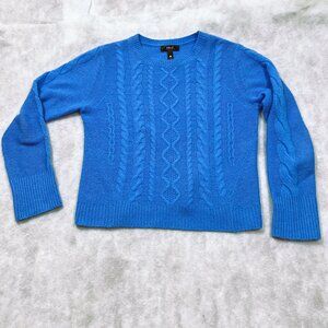 Aqua FLAW 100% Cashmere Sweater Small Cable Knit Navy Blue V Neck Quite Luxury